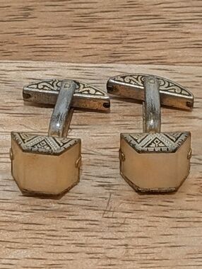 Vintage Toledo Damascene Silver and Gold Tone Cufflinks with Mother of Pearl